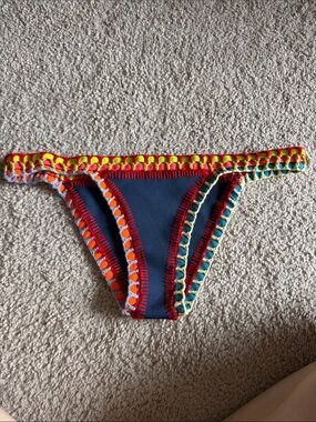 KIINI Navy Bikini Bottom with Multicolor Crochet Trim size medium